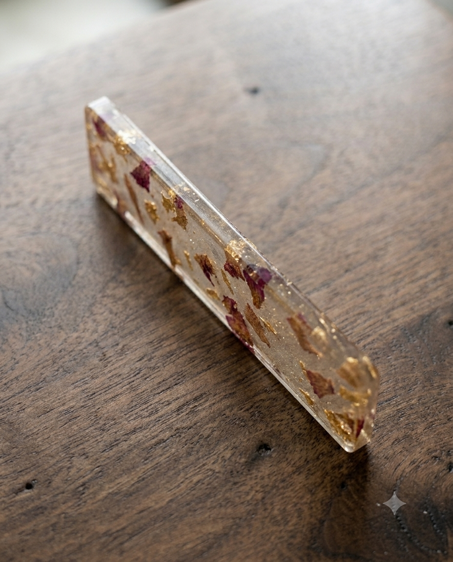 1000736916 Resin bookmark made of dried rose and gold flakes